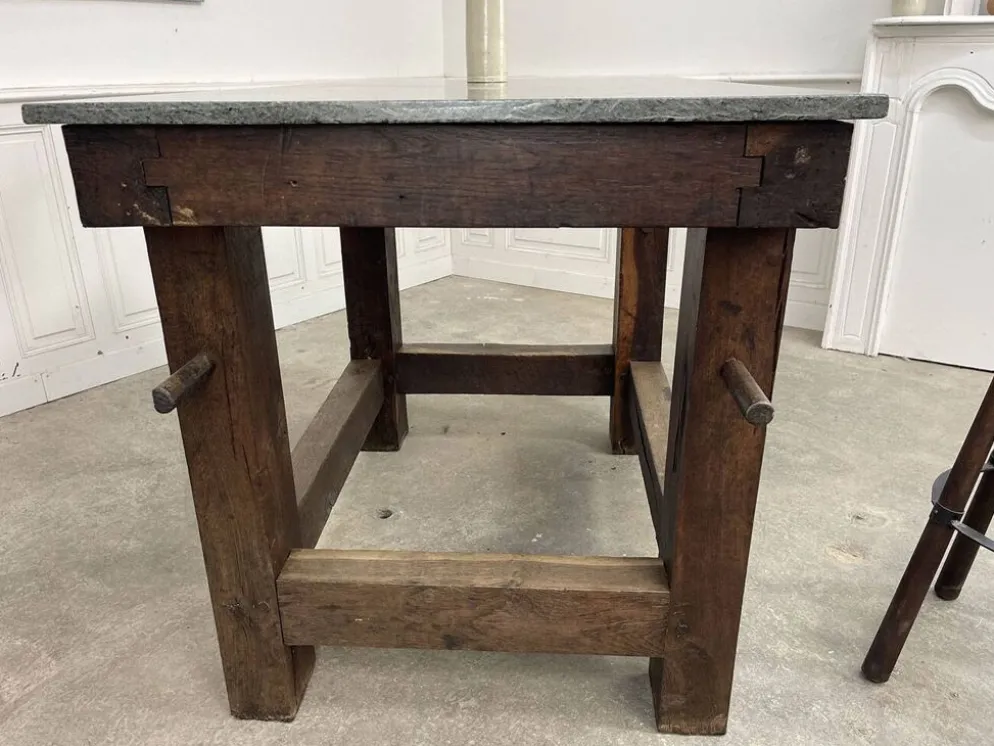 Ancien ilot de travail 1930 en chêne et granit