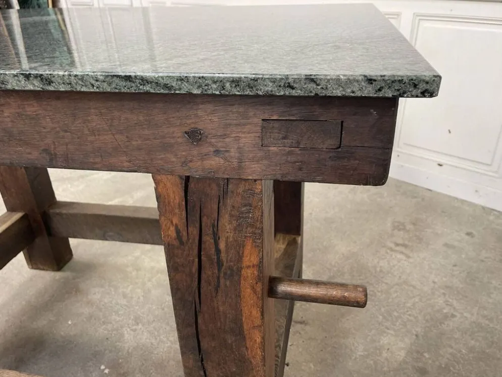 Ancien ilot de travail 1930 en chêne et granit