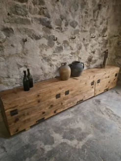 Ancien meuble d'atelier industriel français en pin / banc de rangement, vers 1880–1900