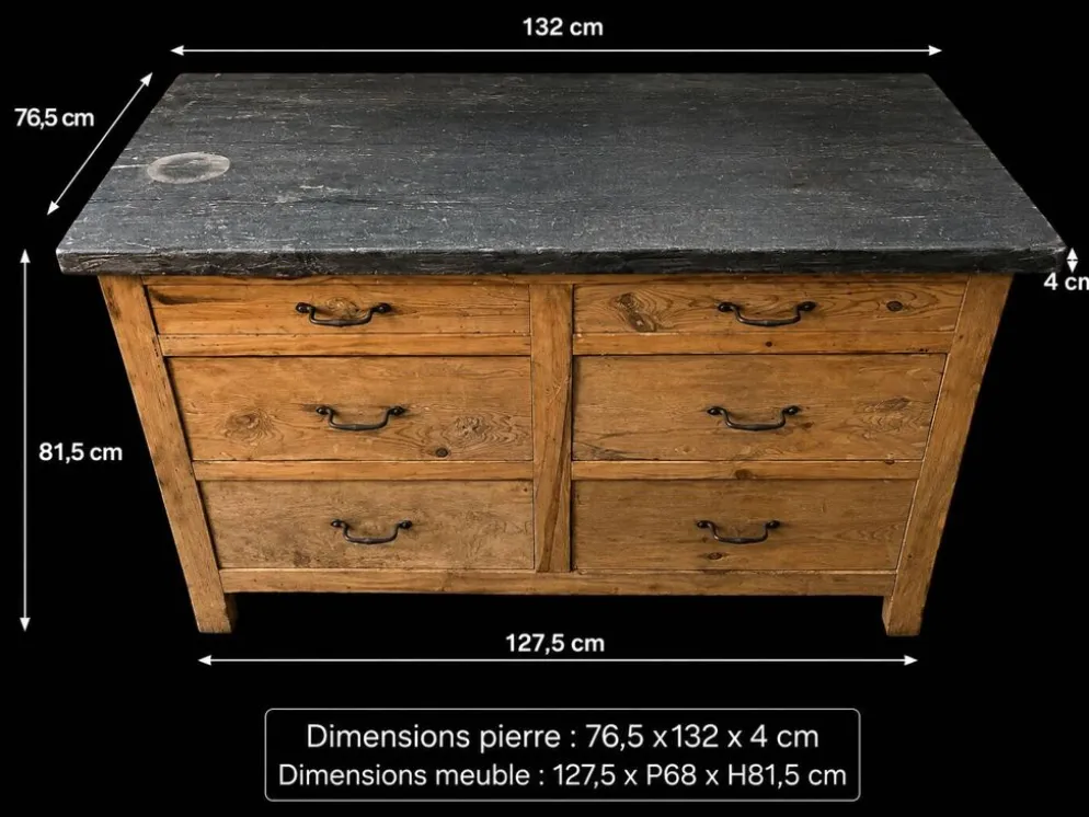 Ancien meuble de métier en bois avec plateau en pierre