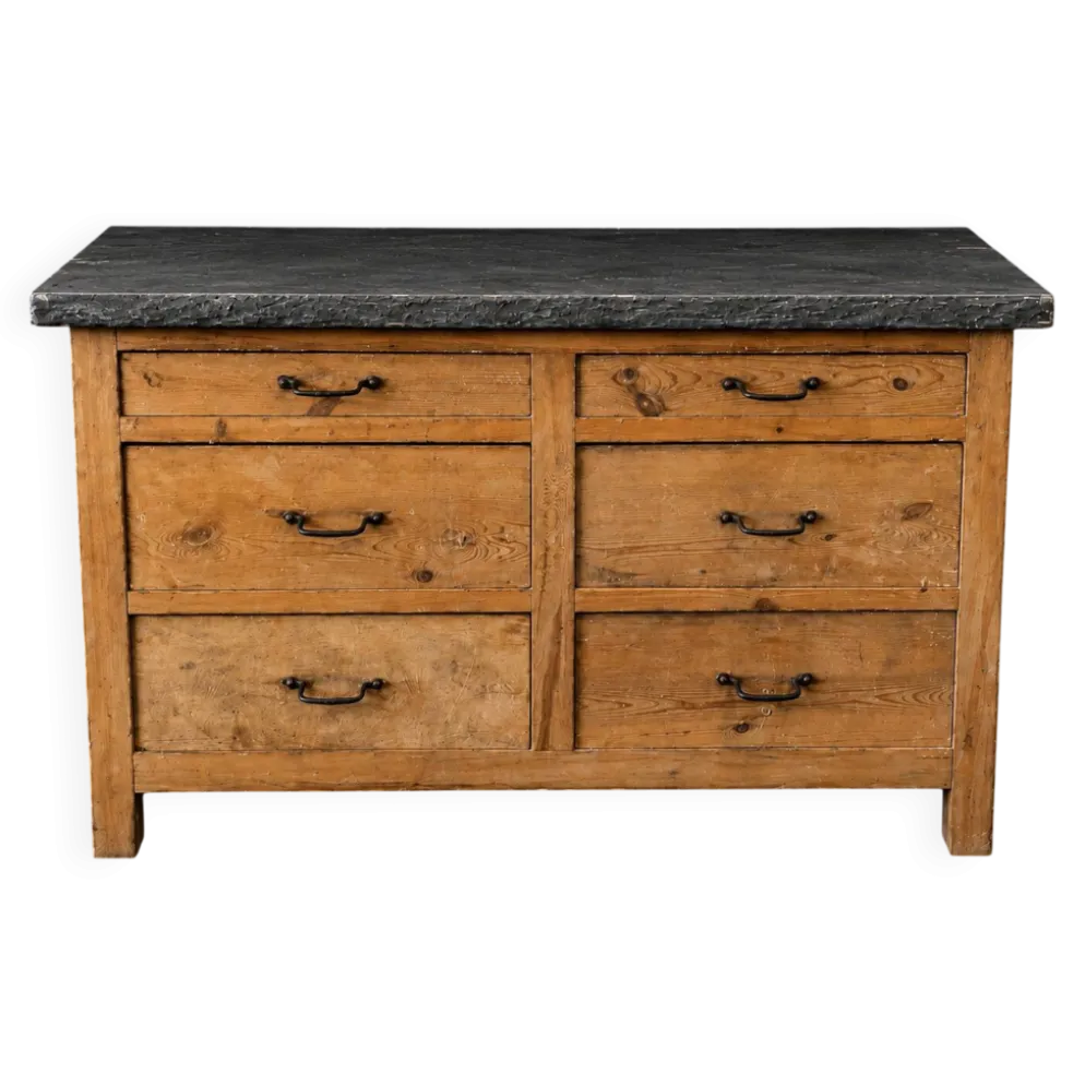 Ancien meuble de métier en bois avec plateau en pierre