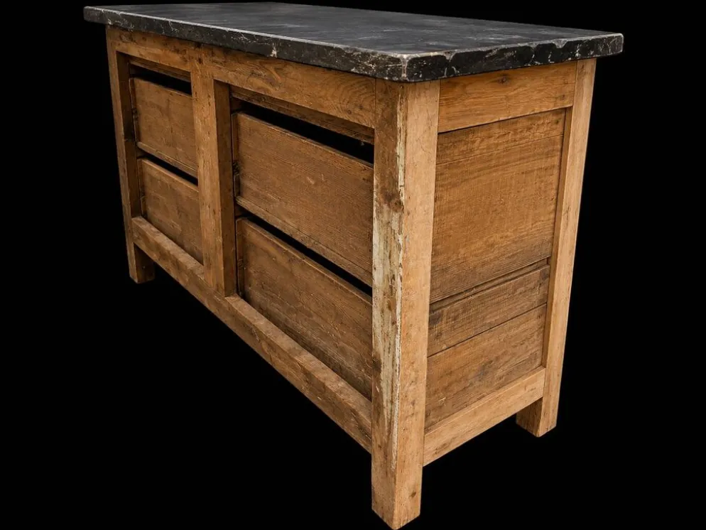 Ancien meuble de métier en bois avec plateau en pierre