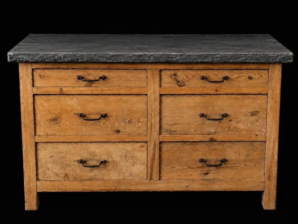 Ancien meuble de métier en bois avec plateau en pierre