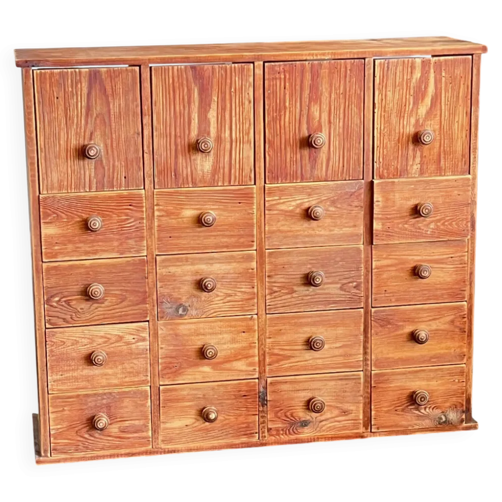 Ancien meuble de métier en pin à 19 tiroirs - Style apothicaire