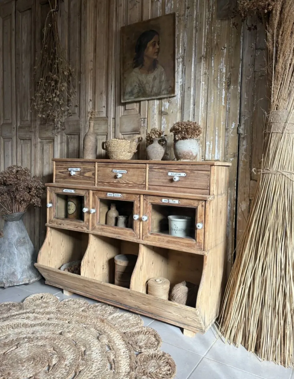 Ancien Meuble Grainetier D’épicerie – Tiroirs, Vitrines & Plaques Émai