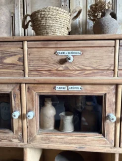 Ancien Meuble Grainetier D’épicerie – Tiroirs, Vitrines & Plaques Émai