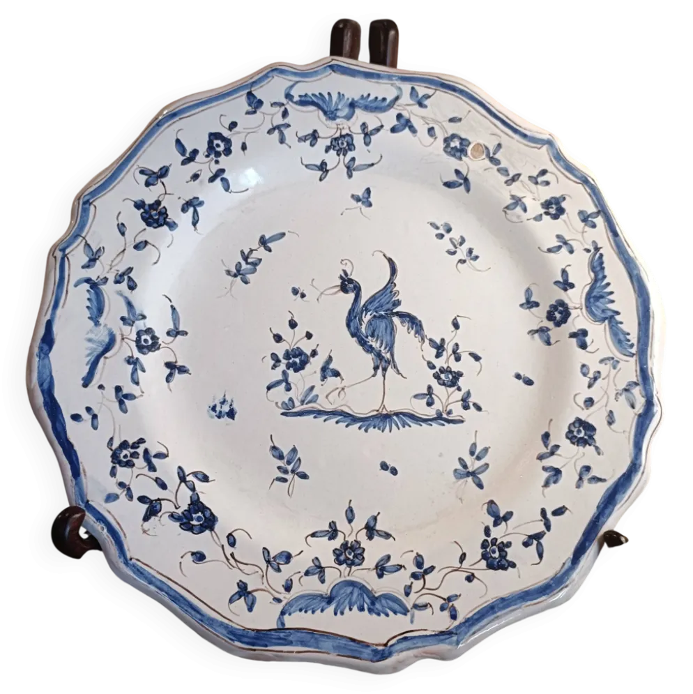 Ancienne assiette faïence Moustiers bleu blanc décor ibis bleu