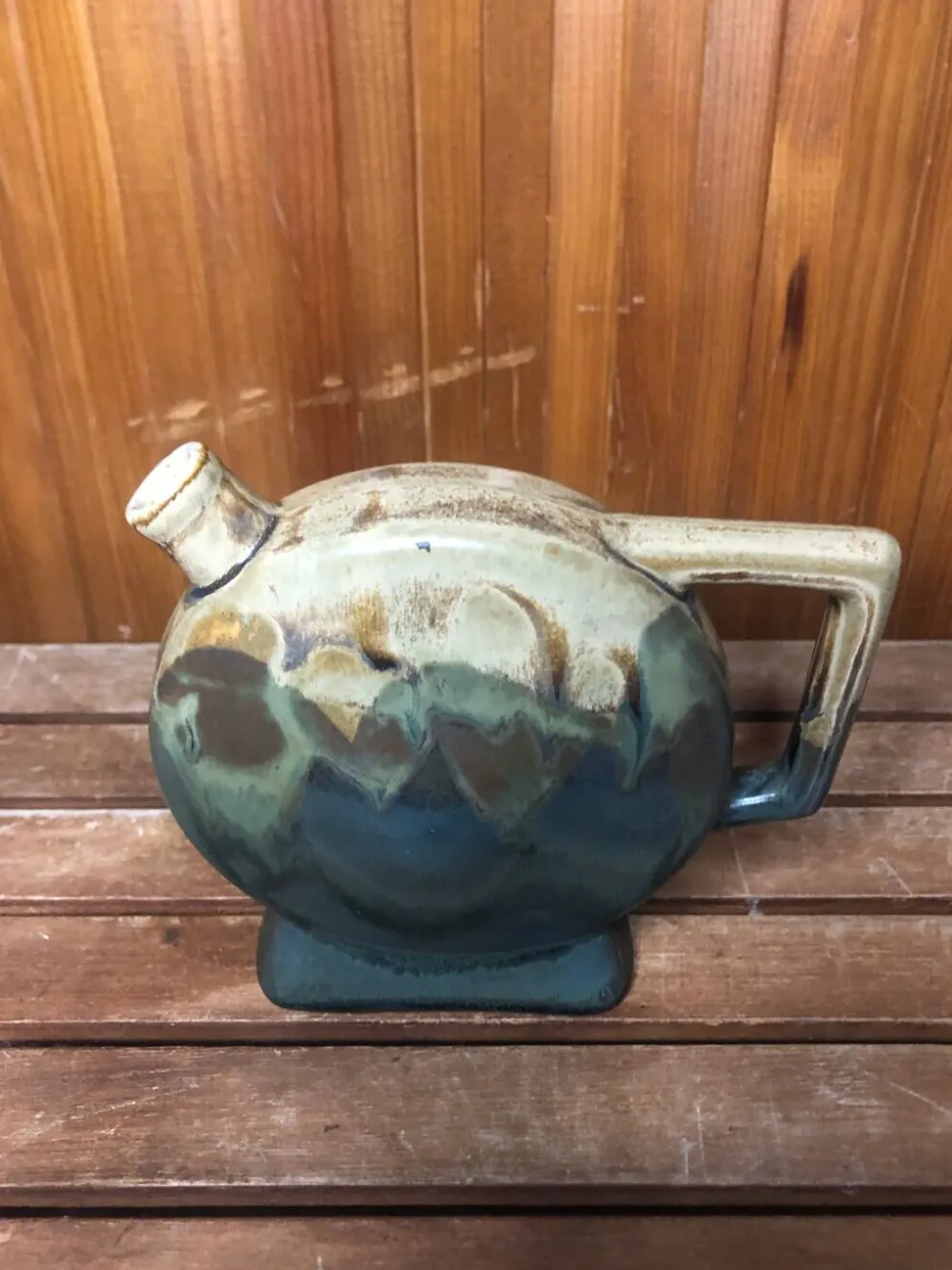 Ancienne bouteille céramique beige & vert + anse vintage