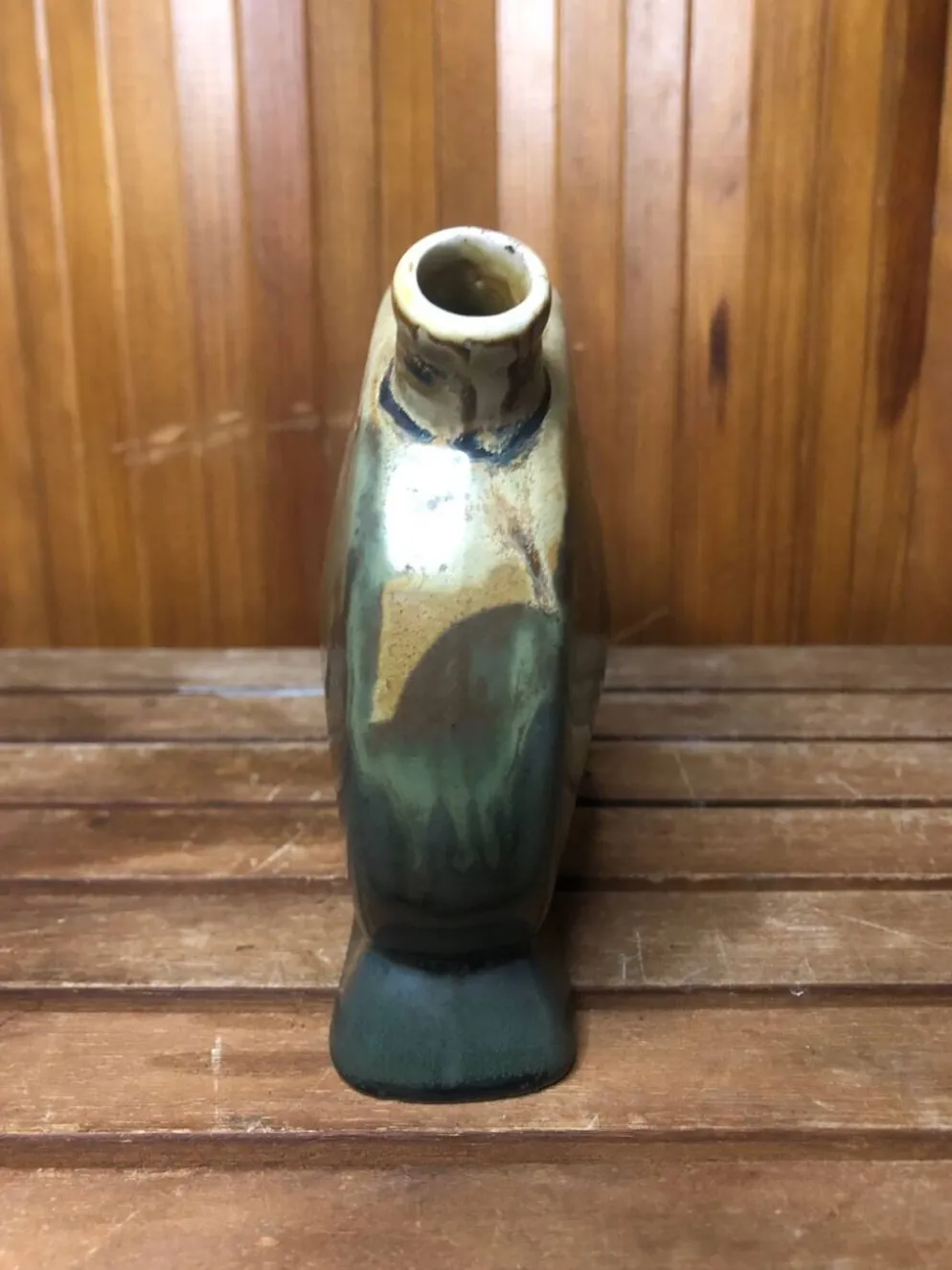 Ancienne bouteille céramique beige & vert + anse vintage