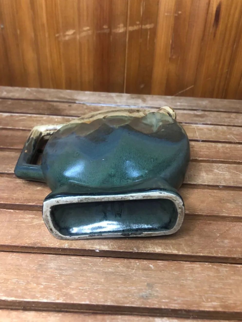 Ancienne bouteille céramique beige & vert + anse vintage