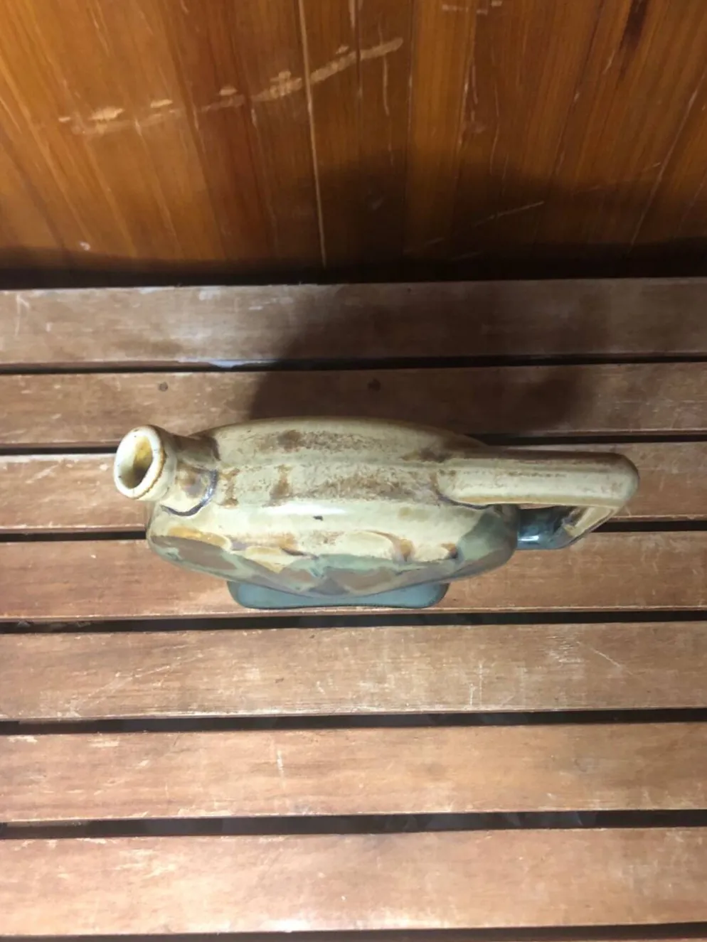 Ancienne bouteille céramique beige & vert + anse vintage