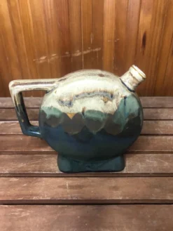 Ancienne bouteille céramique beige & vert + anse vintage