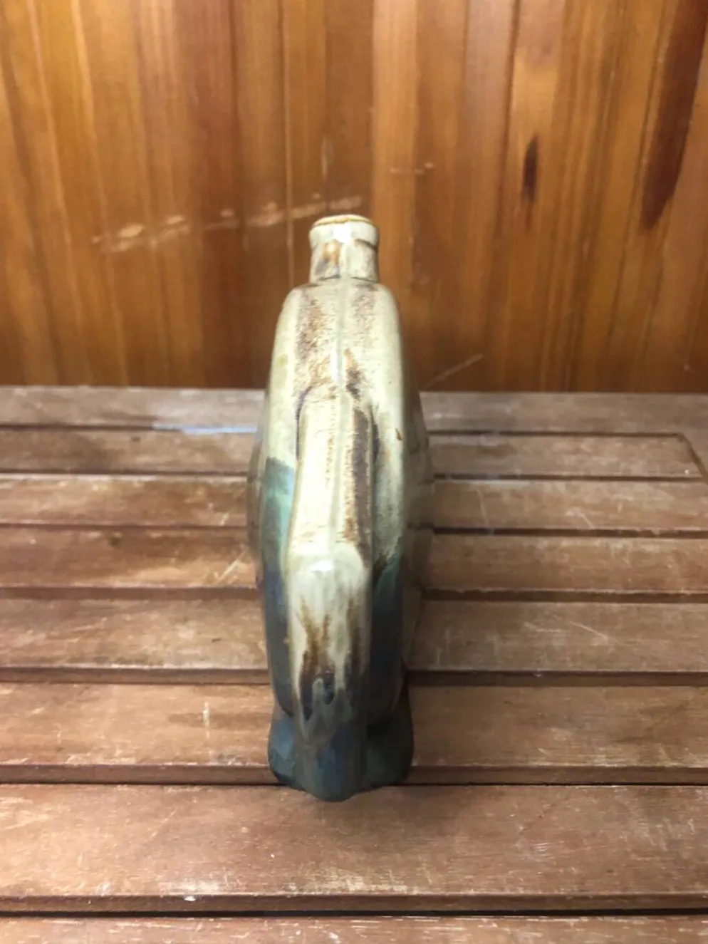 Ancienne bouteille céramique beige & vert + anse vintage