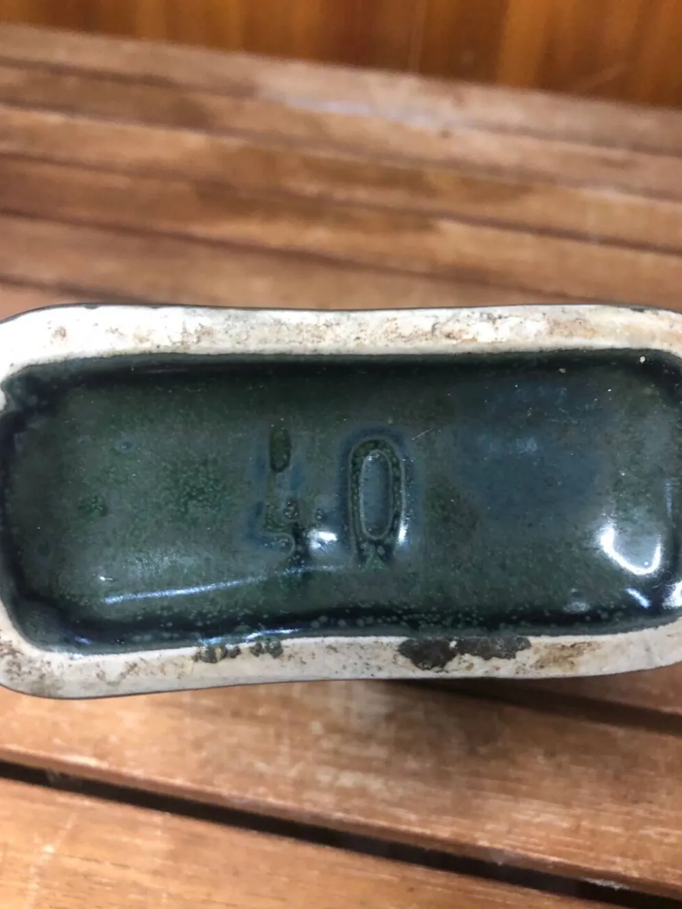 Ancienne bouteille céramique beige & vert + anse vintage