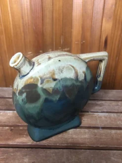Ancienne bouteille céramique beige & vert + anse vintage