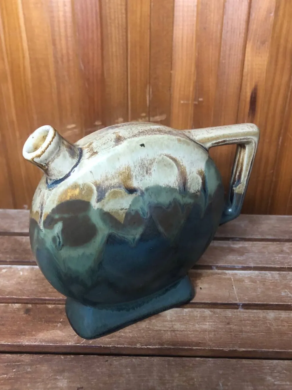 Ancienne bouteille céramique beige & vert + anse vintage