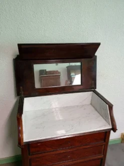 Ancienne commode lavabo en ronce de noyer et marbre blanc – XIXe siècl
