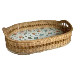 Ancienne corbeille plateau osier rotin perles de bois