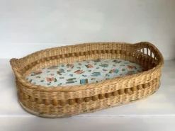 Ancienne corbeille plateau osier rotin perles de bois