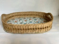 Ancienne corbeille plateau osier rotin perles de bois