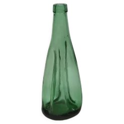 Ancienne Grande Bouteille En Verre Pressé Moulé Vert Écrasé Déformé