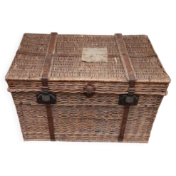 Ancienne malle de voyage Vintage en rotin osier des années 1900