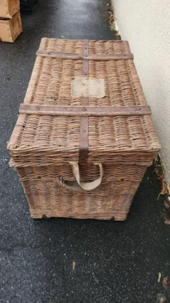 Ancienne malle de voyage Vintage en rotin osier des années 1900