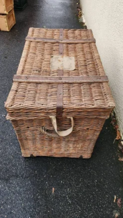 Ancienne malle de voyage Vintage en rotin osier des années 1900