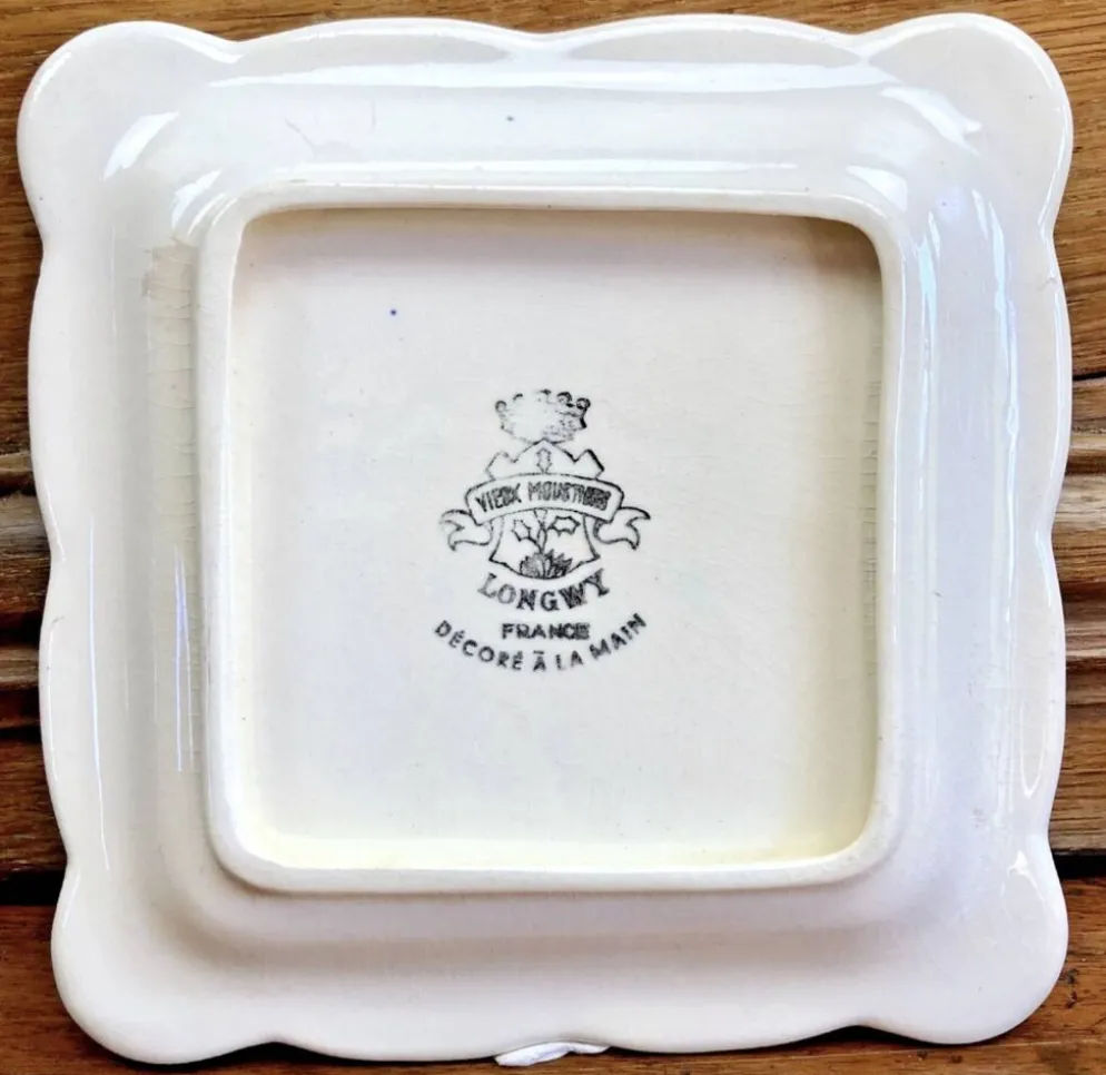9 anciennes assiettes carrées à cake dessert apéritif Longwy Moustier
