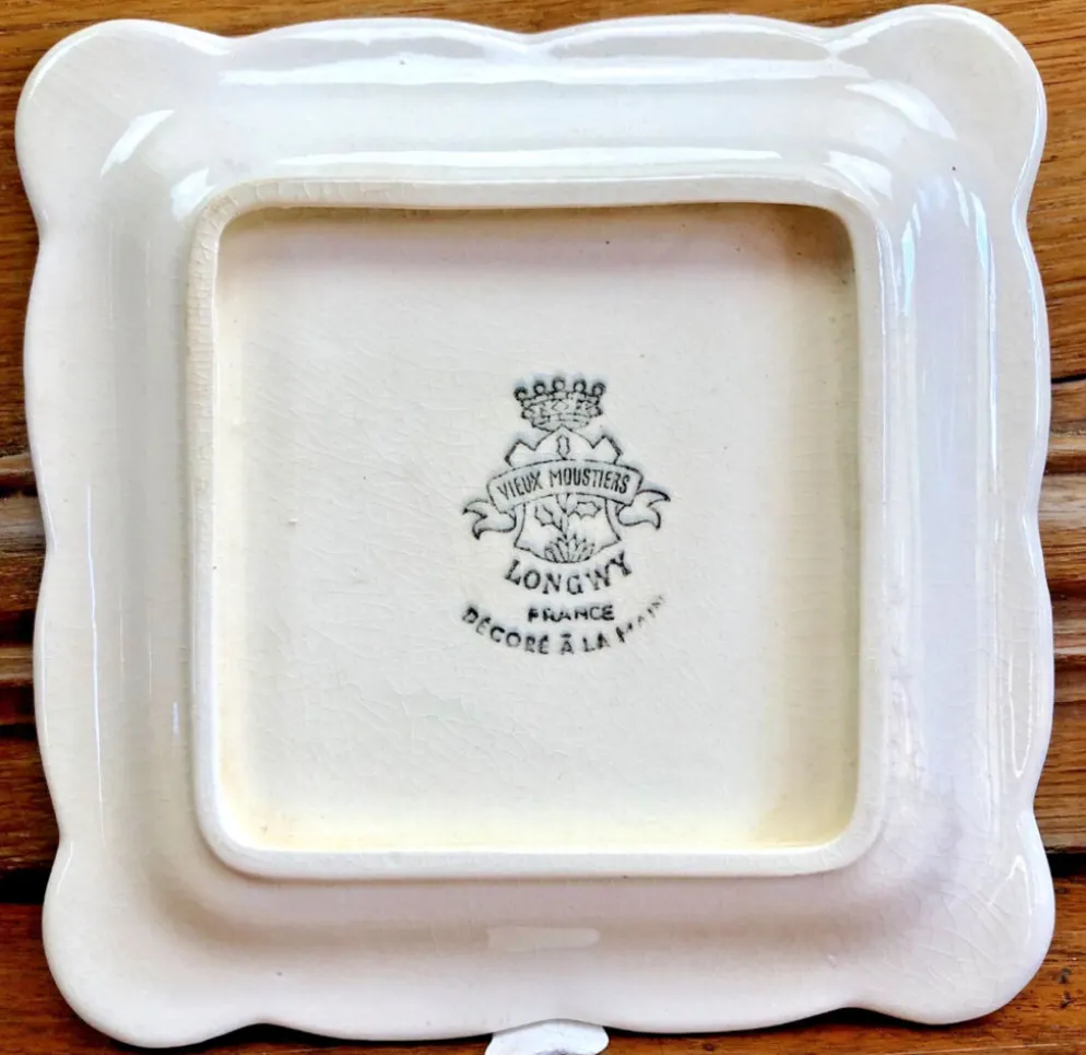 9 anciennes assiettes carrées à cake dessert apéritif Longwy Moustier