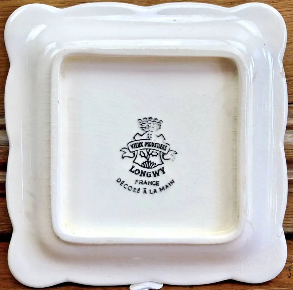 9 anciennes assiettes carrées à cake dessert apéritif Longwy Moustier