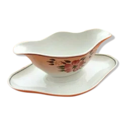 Ancienne saucière à décor floral Faïence HBCM (Hippolyte Boulenger Creil-Montereau)