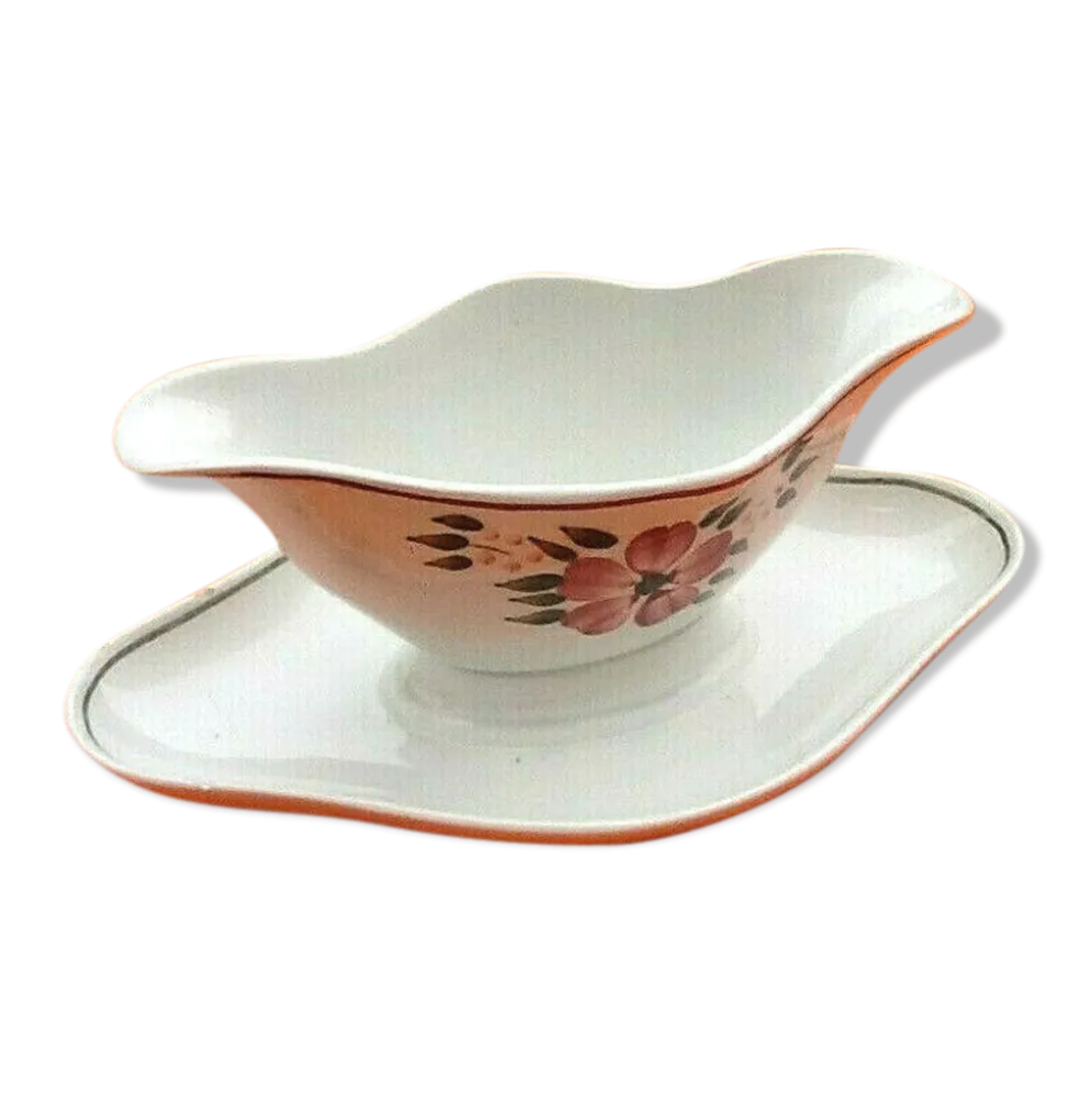 Ancienne saucière à décor floral Faïence HBCM (Hippolyte Boulenger Creil-Montereau)