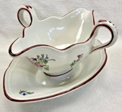 Ancienne saucière faïence Lunéville modèle réverbère rose tulipe