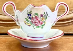 Ancienne saucière faïence Lunéville modèle réverbère rose tulipe