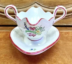 Ancienne saucière faïence Lunéville modèle réverbère rose tulipe
