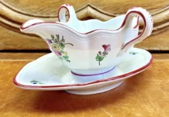 Ancienne saucière faïence Lunéville modèle réverbère rose tulipe