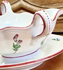 Ancienne saucière faïence Lunéville modèle réverbère rose tulipe