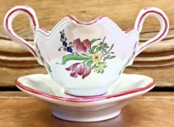 Ancienne saucière faïence Lunéville modèle réverbère rose tulipe