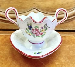 Ancienne saucière faïence Lunéville modèle réverbère rose tulipe