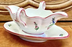 Ancienne saucière faïence Lunéville modèle réverbère rose tulipe
