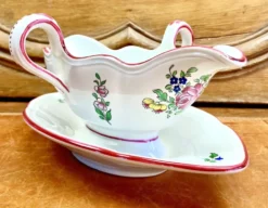 Ancienne saucière faïence Lunéville modèle réverbère rose tulipe