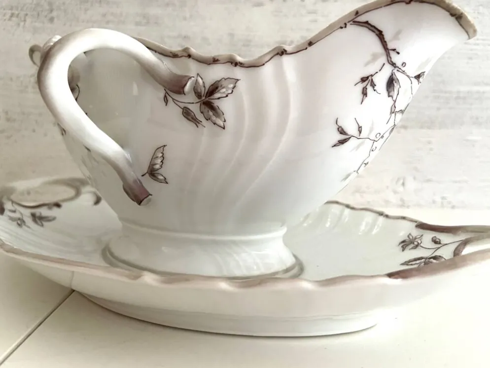 Ancienne Saucière & Son Dormant (Ravier) Porcelaine Fine Style Louis XV