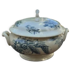 Ancienne soupière en faïence Keller Lunéville estampillée K, décor bleu