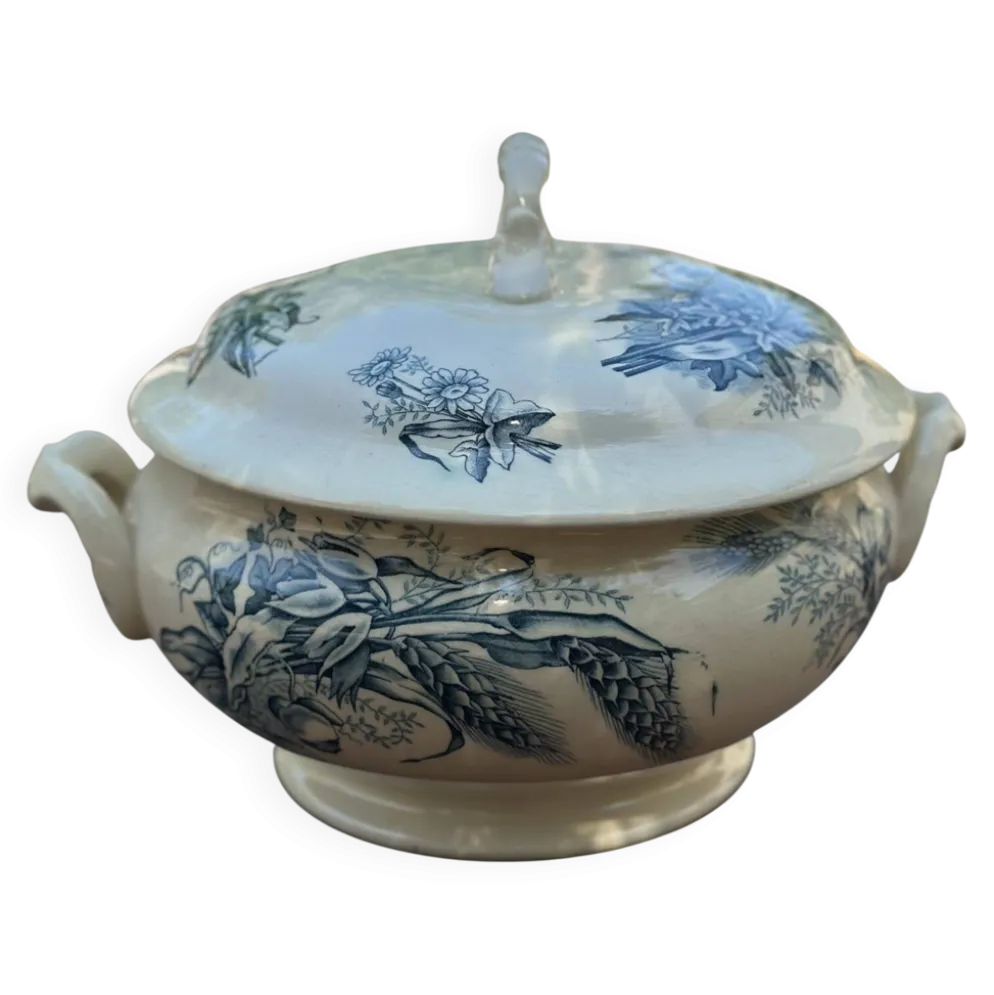 Ancienne soupière en faïence Keller Lunéville estampillée K, décor bleu