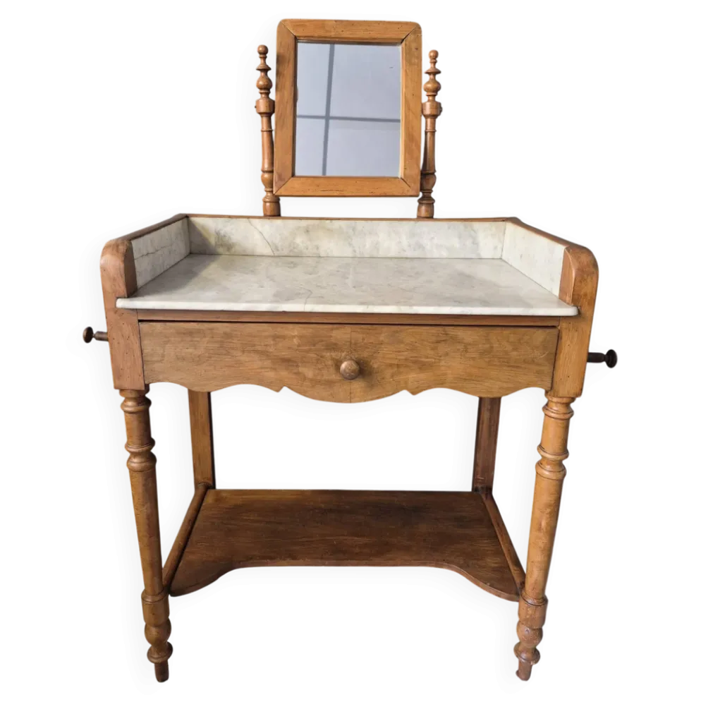 Ancienne Table de toilette Coiffeuse marbre et bois massif avec miroir