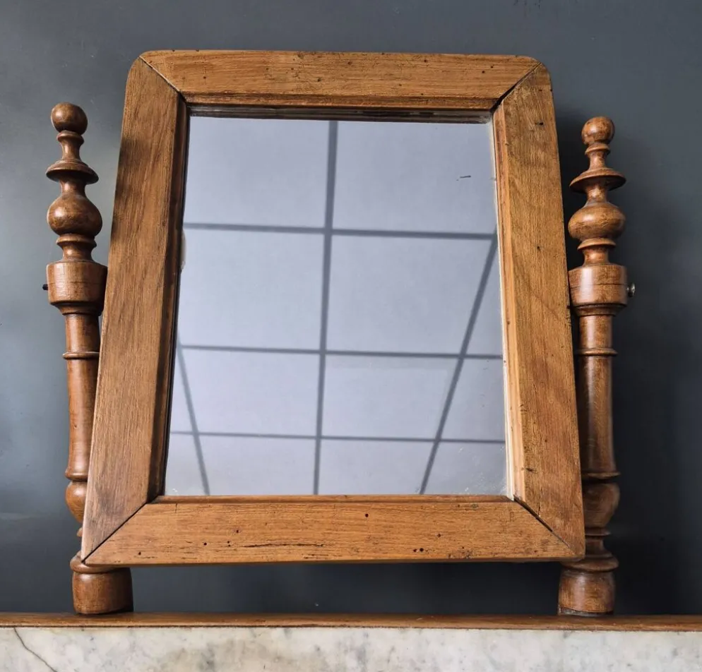 Ancienne Table de toilette Coiffeuse marbre et bois massif avec miroir