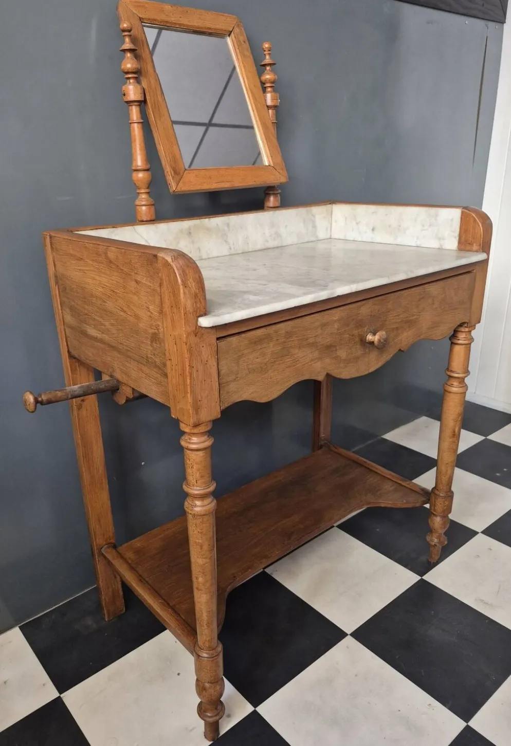 Ancienne Table de toilette Coiffeuse marbre et bois massif avec miroir
