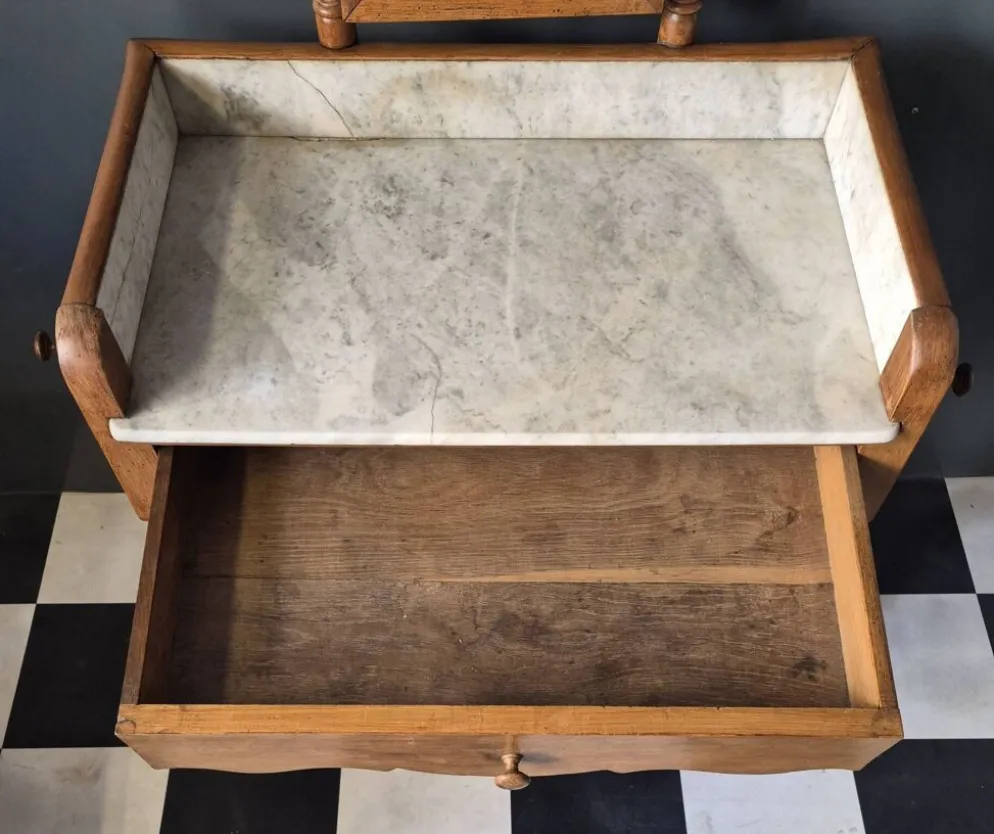 Ancienne Table de toilette Coiffeuse marbre et bois massif avec miroir