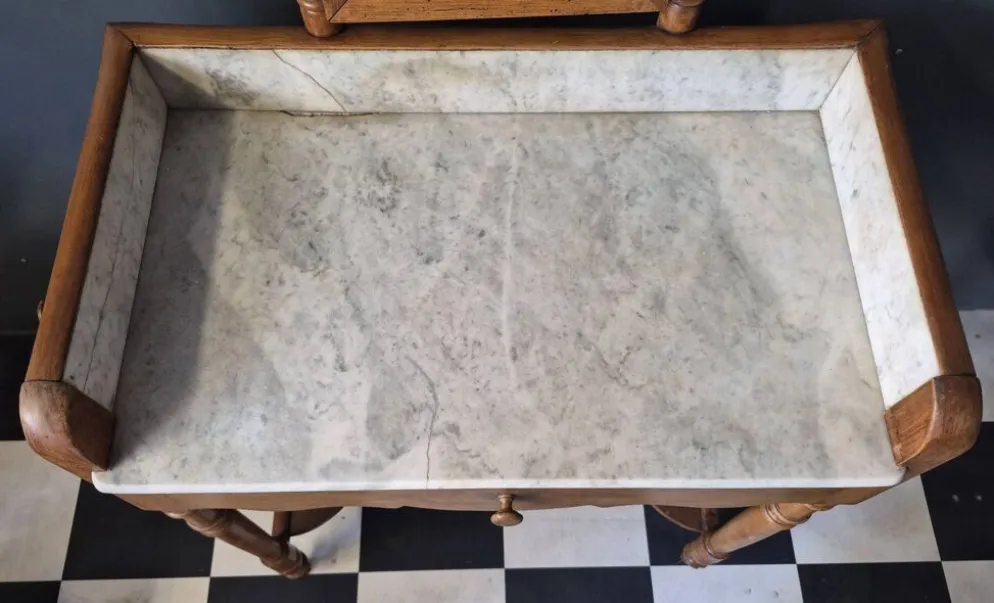 Ancienne Table de toilette Coiffeuse marbre et bois massif avec miroir